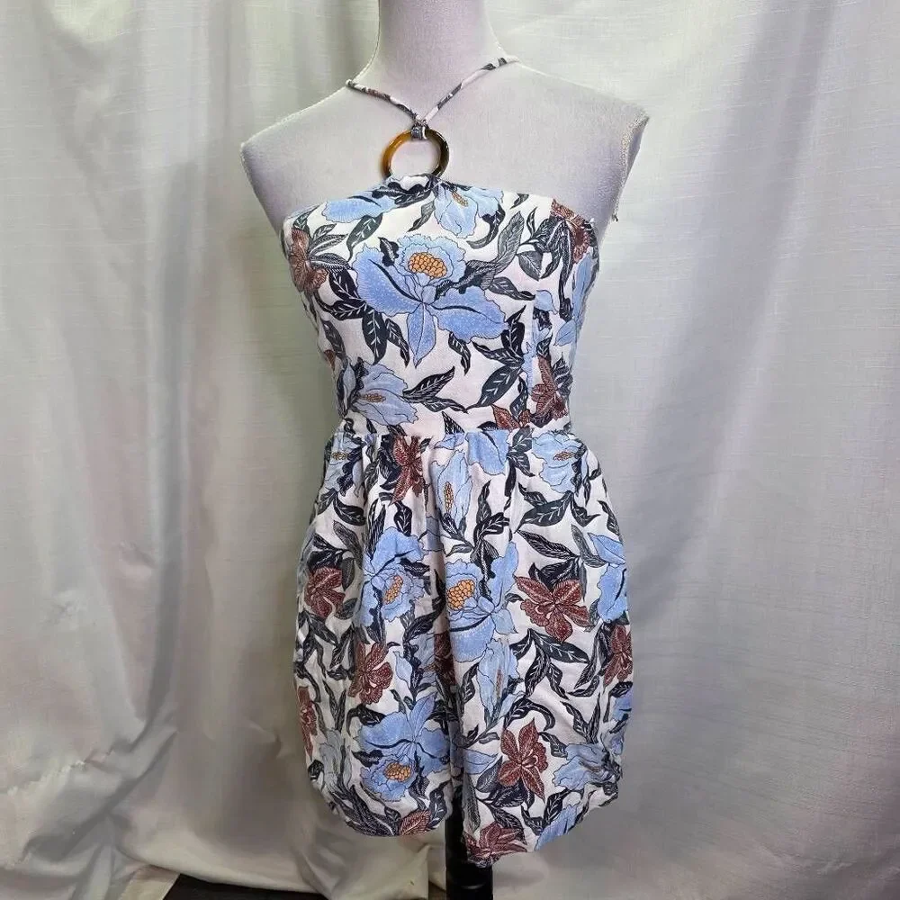 Old Navy Blue Floral Linen Blend O-Ring Halter Romper Size Medium